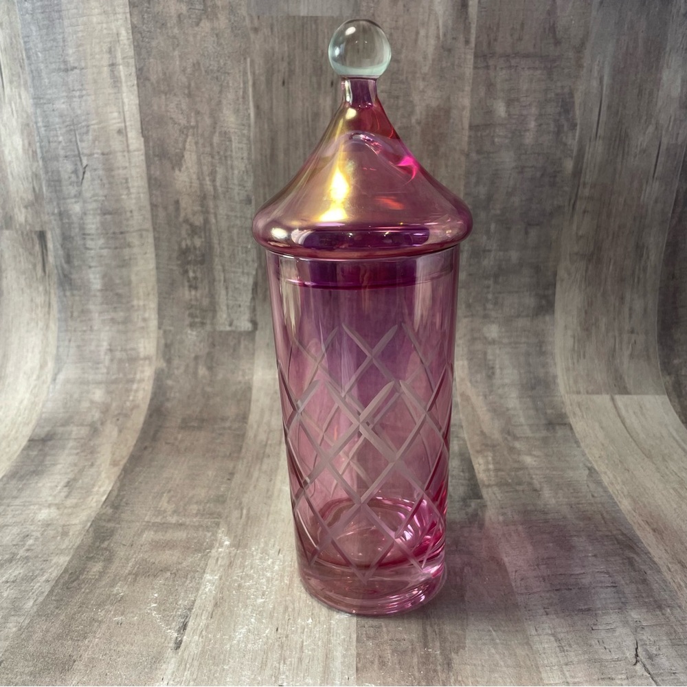 VTG MCM Iridescent Flashed Cranberry Pink Etched Covered Candy Dish 8.5" w/ Lid